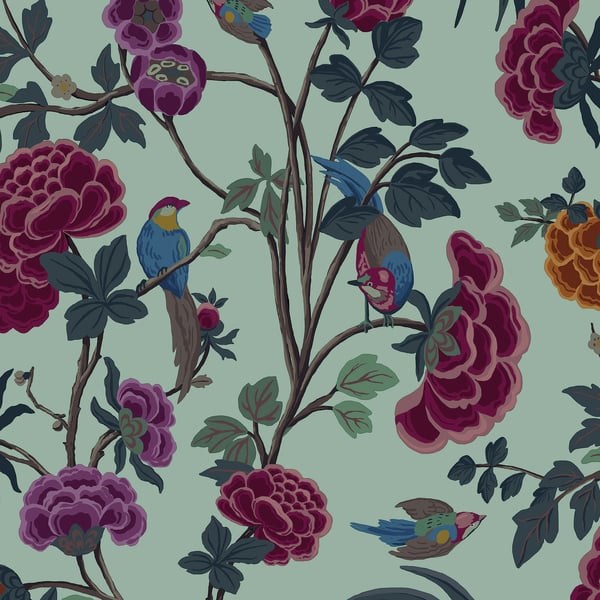 Galerie Wallpaper Product code: DA23242 - Luxe Wallpaper Collection - Light Green Purple Colours - Blooms and Birds Design
