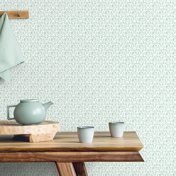 Galerie Wallpaper Product code: G56680R - Small Prints Wallpaper Collection - Green Cream Blue Colours - Ogee Floral Design